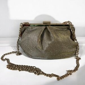 A New Day Metallic Shimmer Twinkle Gold Clutch Shoulder Bag Gold Accent Chain